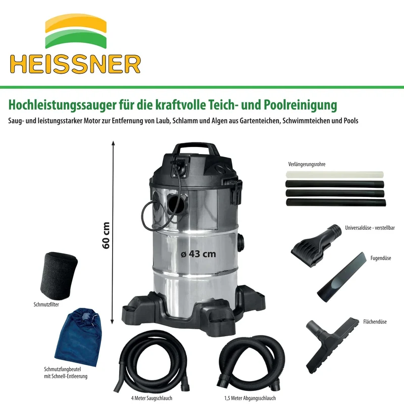 Aspirateur Inox Pro pour étang et bassin - Fonctionne NON-STOP 1400W - Vase et boues de l’etang
