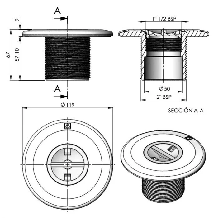 Astralpool - Boquilla de aspiración rosca exterior 2'' y Ø50 para piscina de hormigón