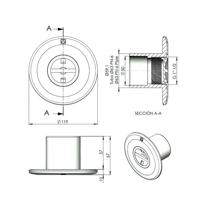 Astralpool - Boquilla de aspiración para encolar D63-D50 para piscina de hormigón