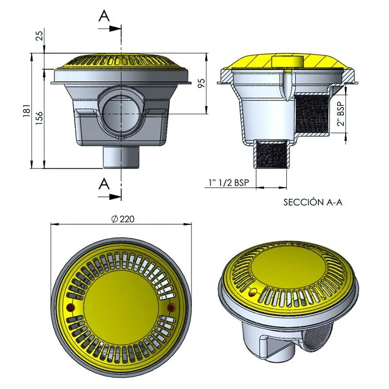 Astralpool - Sumidero circular Ø200 mm con rejilla antivortex para piscina con liner y prefabricada
