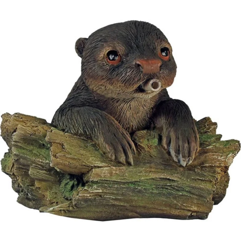 Gargouille flottante "Loutre sur son tronc d'arbre" - coloris anthracite/bronze, polyrésine, Ø9-13 mm - H19 x 22 x 21 cm