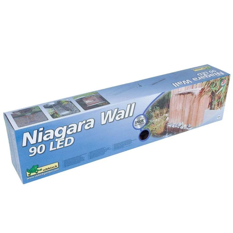 Niagara® Wall 90 LED - lame d'eau - Inox 316L avec raccords filetés Ø25 mm/1" - LED strip 90 cm 1x62 blanc froid, transfo AC 12V/DE-06-12W, Lumen 420, EEK A+, 7 Watt - H10 x 90 x 20 cm