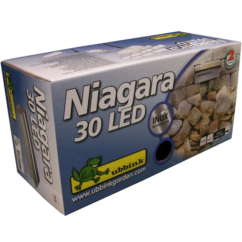 Niagara® 30 LED - lame d'eau - Inox 304 avec raccords filetés Ø25 mm/1" - LED strip 30 cm 1x20 blanc froid, transfo AC 12V/DE-06-12W, Lumen 180, EEK A+, 2,5 Watt - H10 x 30 x 12,5 cm
