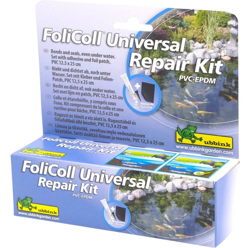 FoliColl Universal PVC-EPDM / Repair Kit - colle ou colmate sous/hors l'eau pour bâches de bassin Aqualiner-PVC ou Aquaflexiliner-EPDM, surface de pose +/- 3m², exempt de solvants, isocyanates et silicone. Livré avec son patch prédécoupé (Aqualiner® PVC -