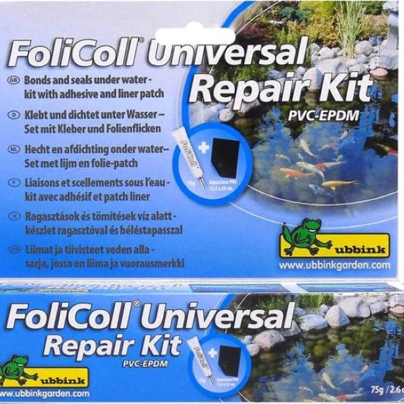 FoliColl Universal PVC-EPDM / Repair Kit - colle ou colmate sous/hors l'eau pour bâches de bassin Aqualiner-PVC ou Aquaflexiliner-EPDM, surface de pose +/- 3m², exempt de solvants, isocyanates et silicone. Livré avec son patch prédécoupé (Aqualiner® PVC -