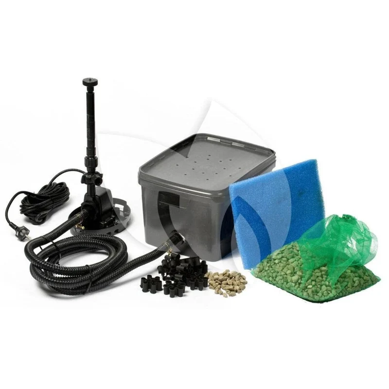 BioPure® 2000 Basic-Set - filtre à immersion biomécanique avec couvercle de filtre perforé - corps du filtre 16l, pompe Elimax® 1000, mousse filtrante bleue 20ppi, matériaux filtrants (mixte) +/- 2kg et biosurfaces +/- 21 pcs, filets 2x, raccordement : tu