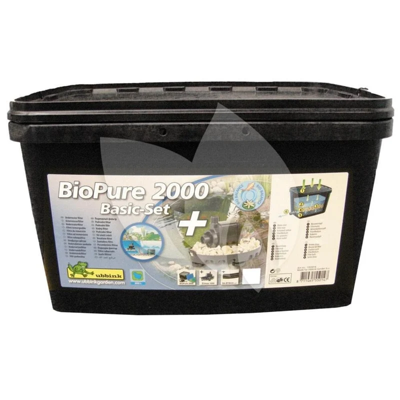 BioPure® 2000 Basic-Set - filtre à immersion biomécanique avec couvercle de filtre perforé - corps du filtre 16l, pompe Elimax® 1000, mousse filtrante bleue 20ppi, matériaux filtrants (mixte) +/- 2kg et biosurfaces +/- 21 pcs, filets 2x, raccordement : tu