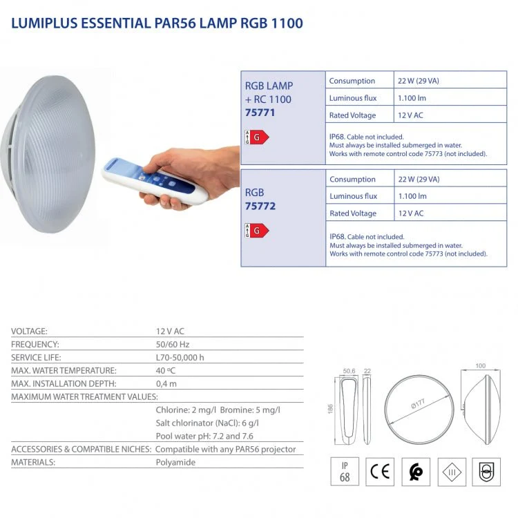 Astralpool - Lámpara LumiPlus Essential PAR56 RGB 1.100 lm